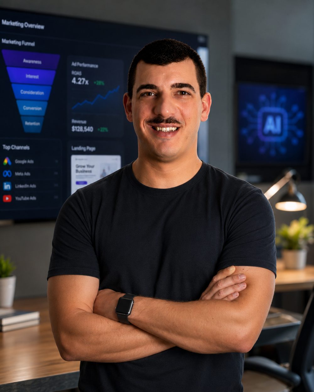 Omar Rossetto davanti ai dashboard delle campagne
